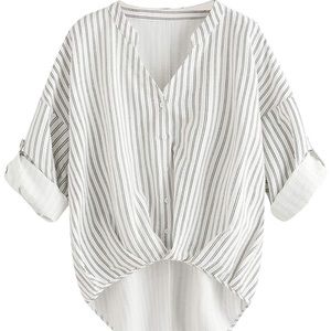 3/4 Sleeve Pinstripe Gathered Front Blouse
